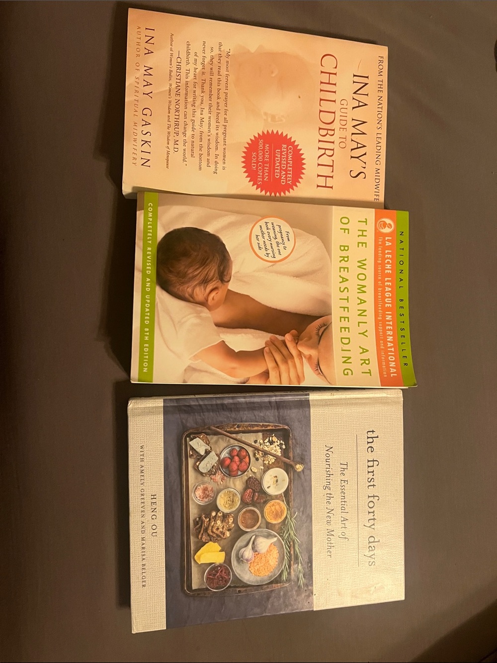 3 Pregnancy/PP Books The First Forty Days Ina May Guide Womanly art of breastfee